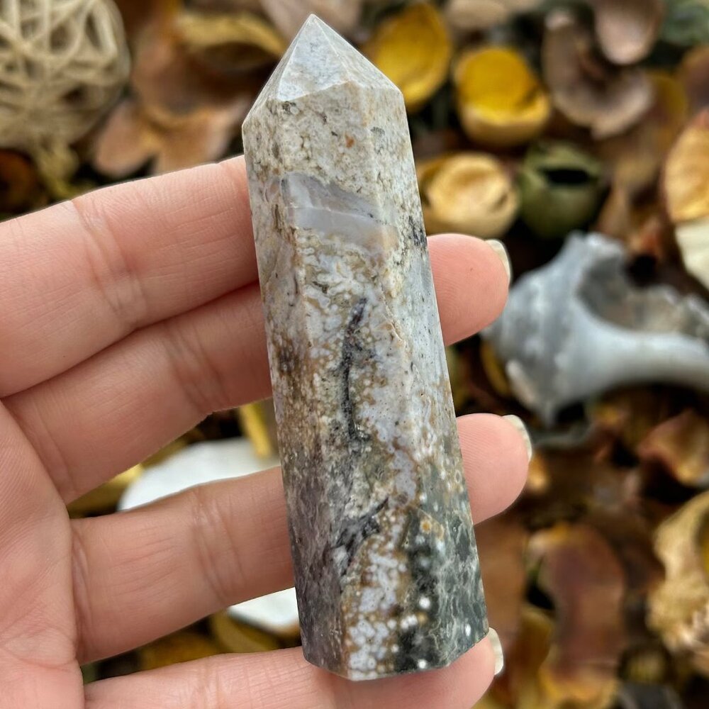 Ocean Jasper #3 Crystal Tower - Carved Gemstone Point Wand Chakra Obelisk 3 3/8"